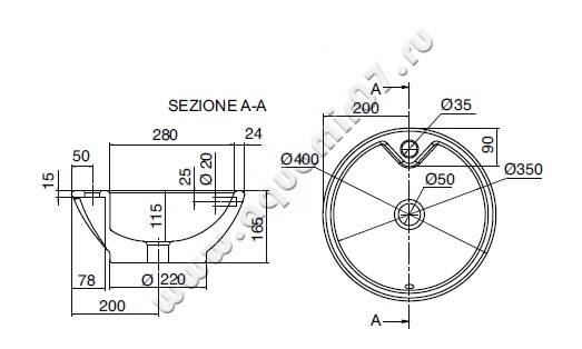 Раковина-чаша накладная с отверстием под смеситель Scarabeo Luna 8003 размеры
