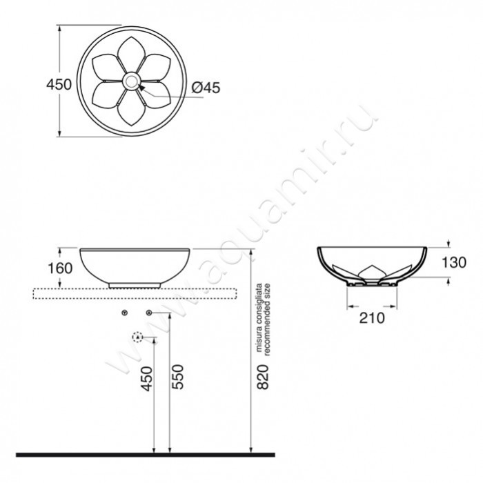 Раковина чаша Azzurra Fleur FLE 200 размеры
