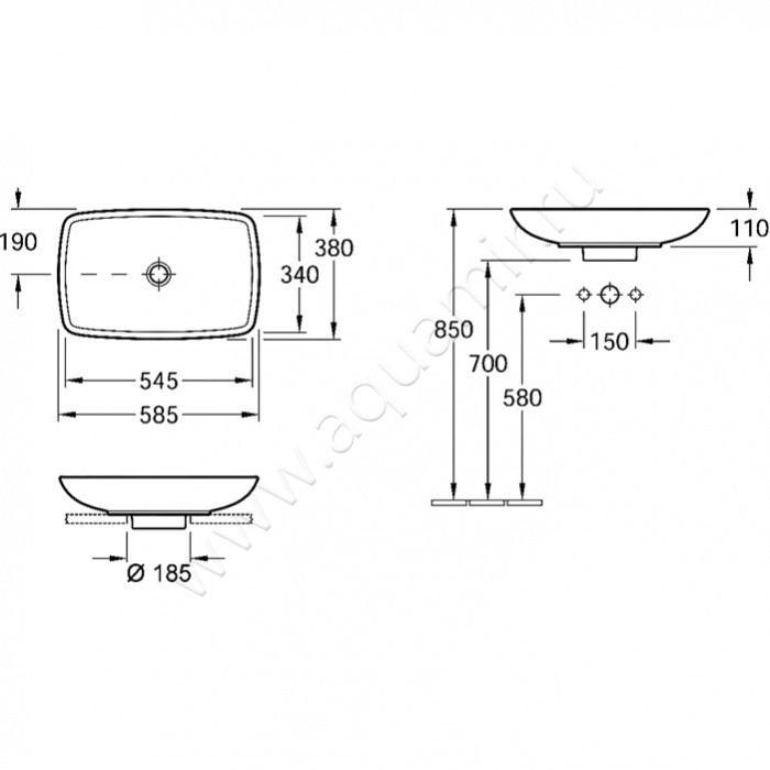 Раковина-чаша накладная Villeroy & Boch Loop & Friends 515400R1 размеры