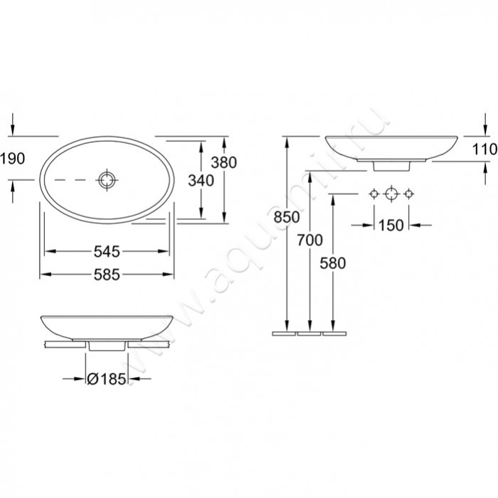 Раковина-чаша накладная Villeroy & Boch Loop & Friends 515100R1 размеры
