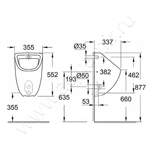 Писсуар подвесной Grohe Bau Ceramic 39438000 размеры