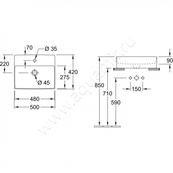 Раковина-чаша накладная с отверстием под смеситель Villeroy & Boch Memento 2.0 4A075001 размеры