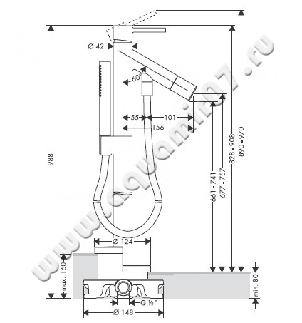 Напольный смеситель для ванны Hansgrohe Axor Starck 10456000 размеры