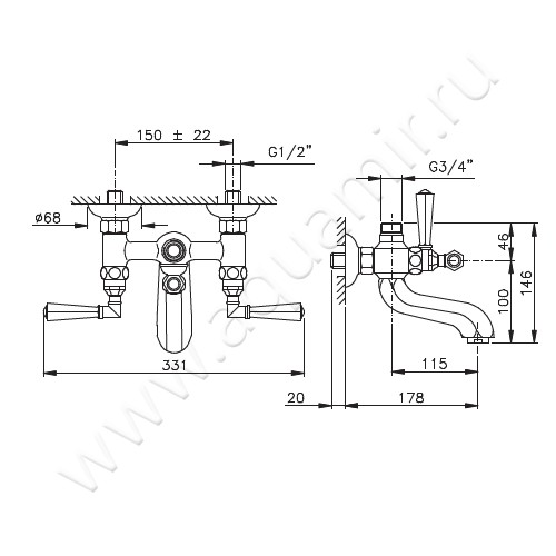 Смеситель для ванны Nicolazzi Teide 1900CR05 размеры