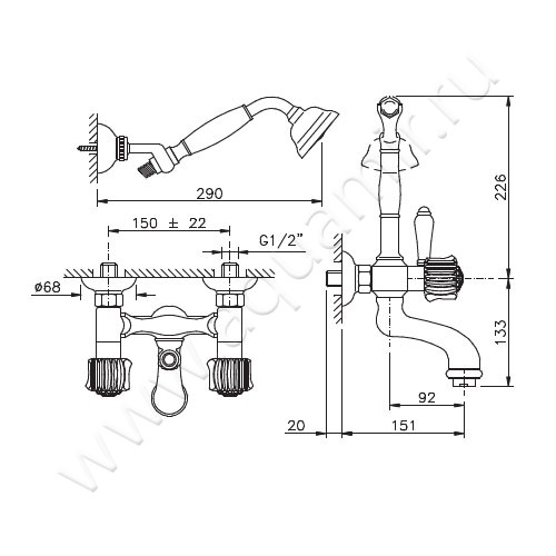 Смеситель для ванны Nicolazzi Onice 2102CR09O размеры