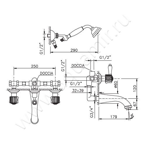 Встраиваемый смеситель для ванны Nicolazzi Onice 2103CR09O размеры
