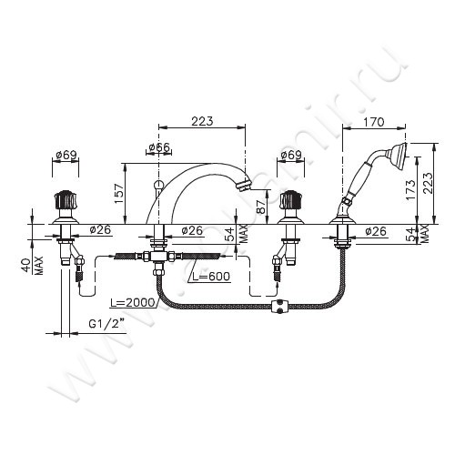 Смеситель для ванны Nicolazzi Onice 2104GO09O размеры