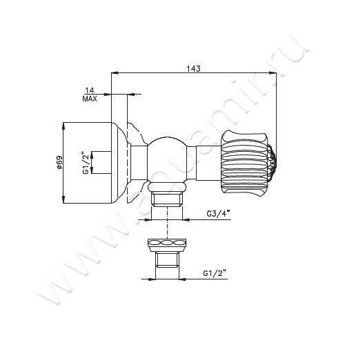 Запорный вентиль Nicolazzi Onice 2147CR09O размеры