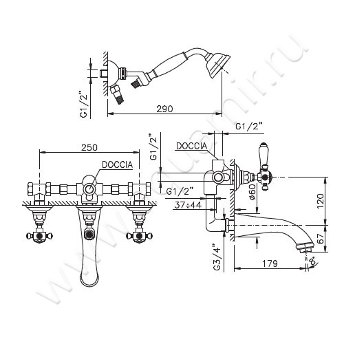 Встраиваемый смеситель для ванны Nicolazzi Le Pietre 2103GO09 размеры
