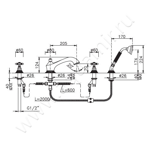 Смеситель для ванны Nicolazzi Impero 1204CR36 размеры