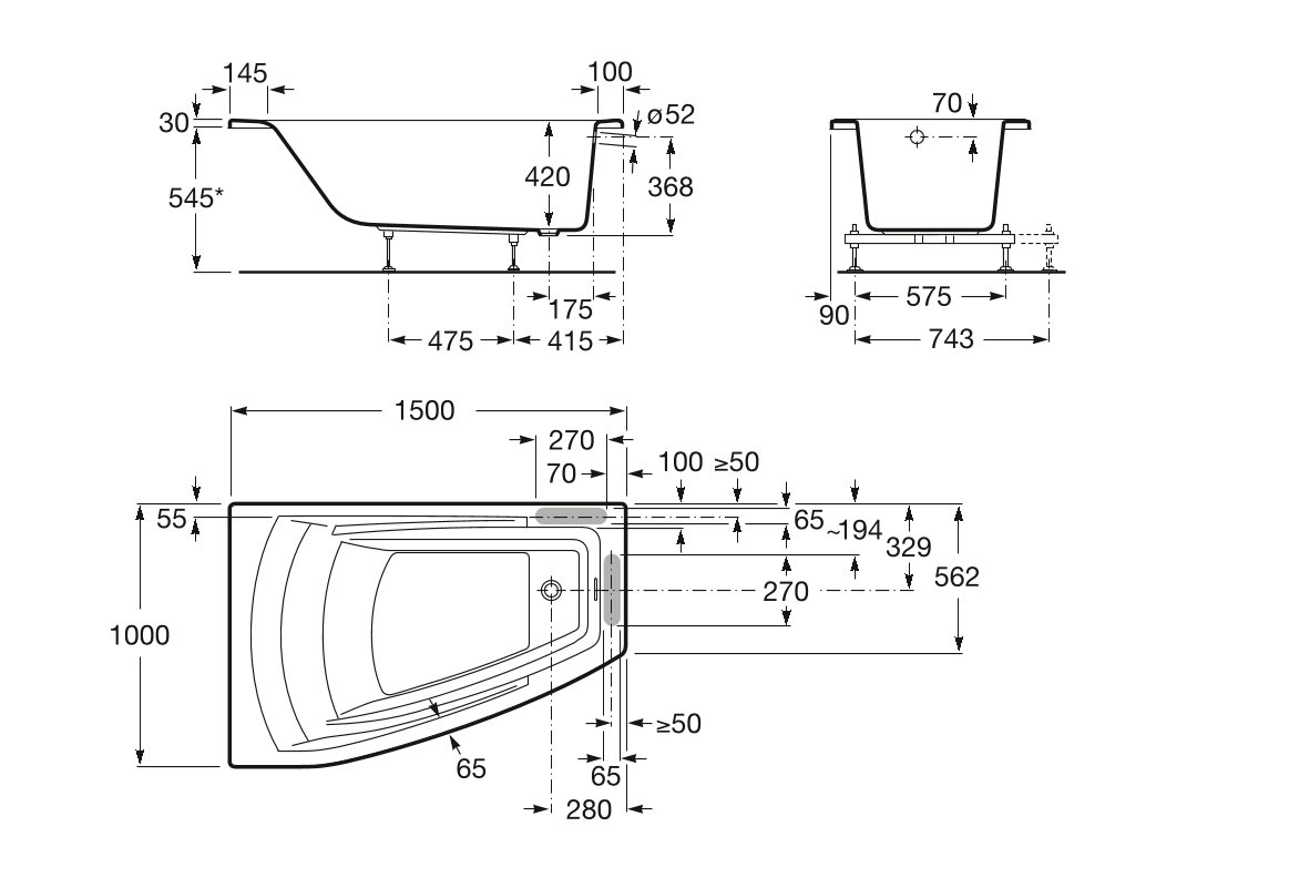 Акриловая ванна Roca Hall ZRU9302864 размеры