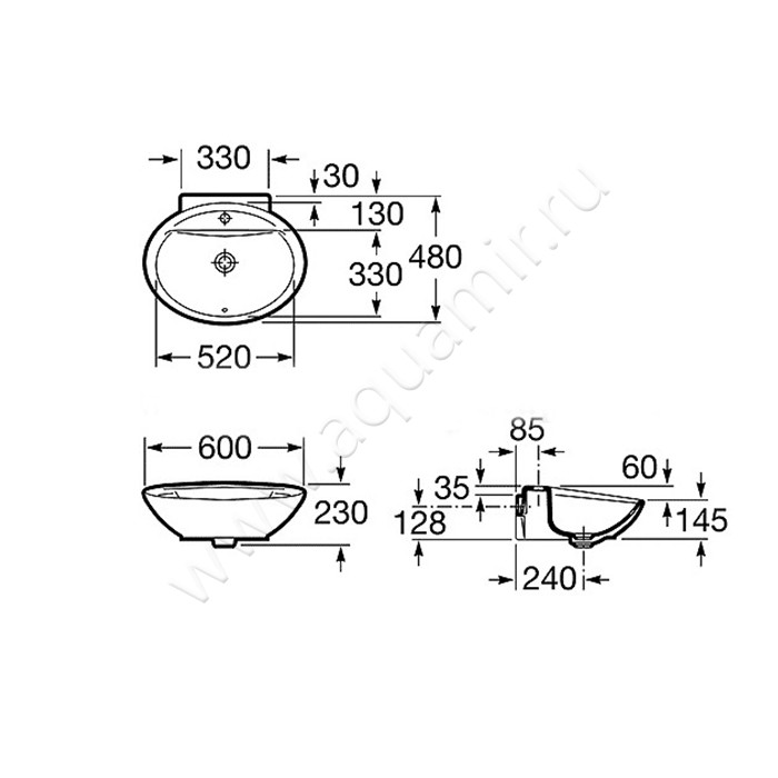 Раковина-чаша накладная с отверстием под смеситель Roca Fontana 7.3278.7.700.0 размеры