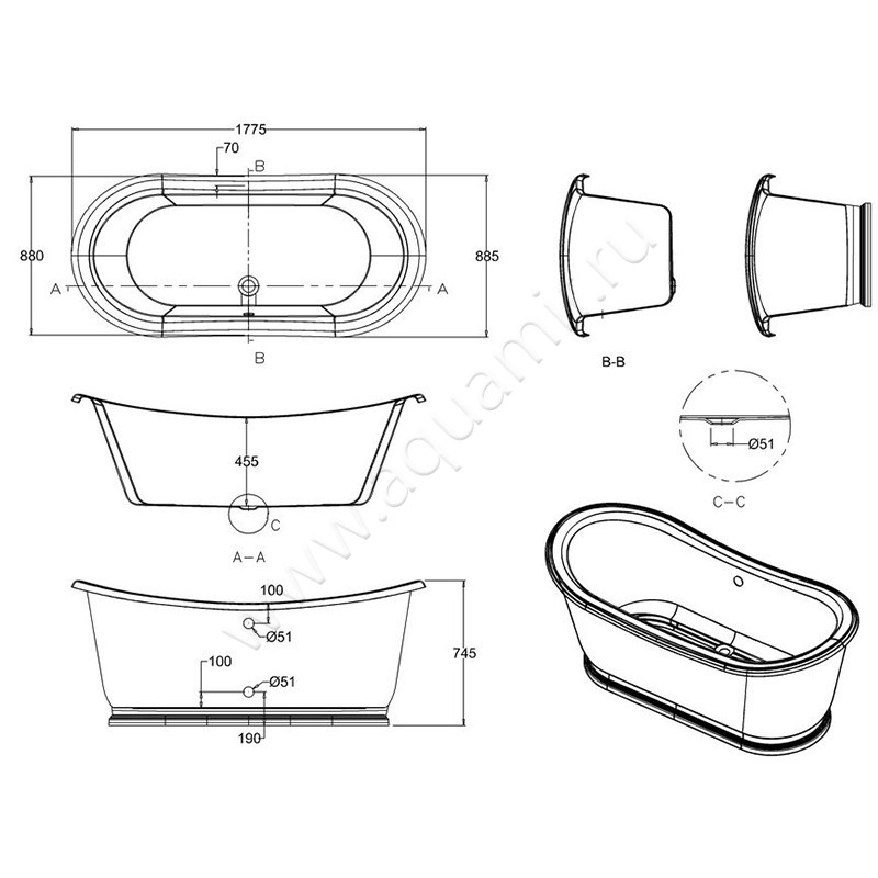Акриловая ванна Burlington Admiral ET6C размеры