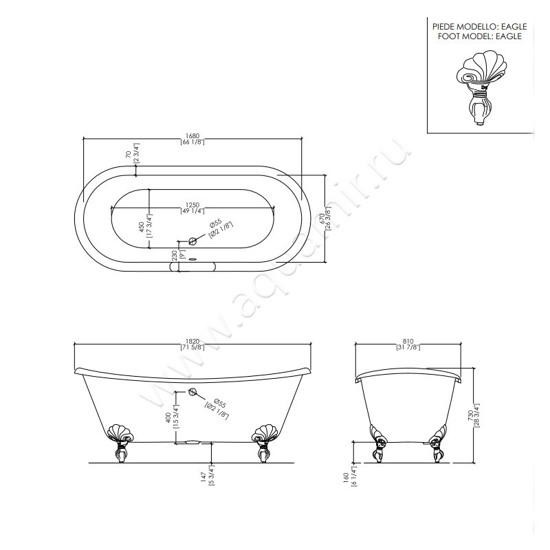 Чугунная ванна Devon & Devon Admiral 2MRADMIRALBIDD размеры