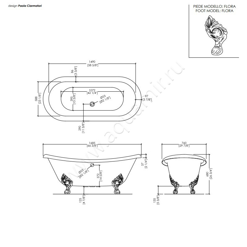 Ванна чугунная Devon & Devon Lame 2MRLAMEFLNKSA размеры