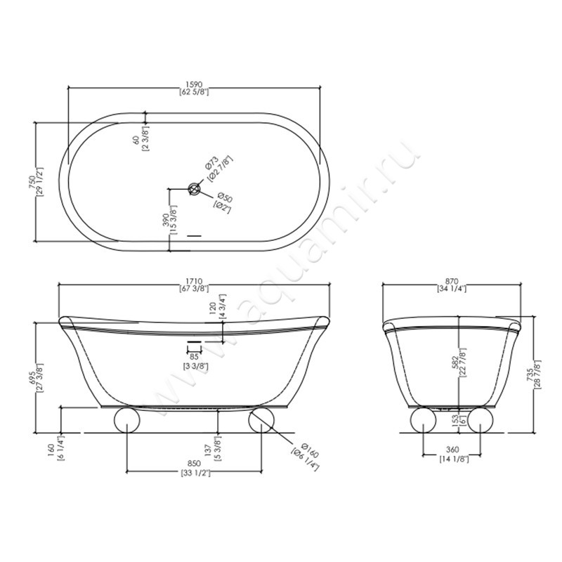 Ванна из литьевого мрамора Devon & Devon Aurora Bijoux 1NAAURBIJOT размеры