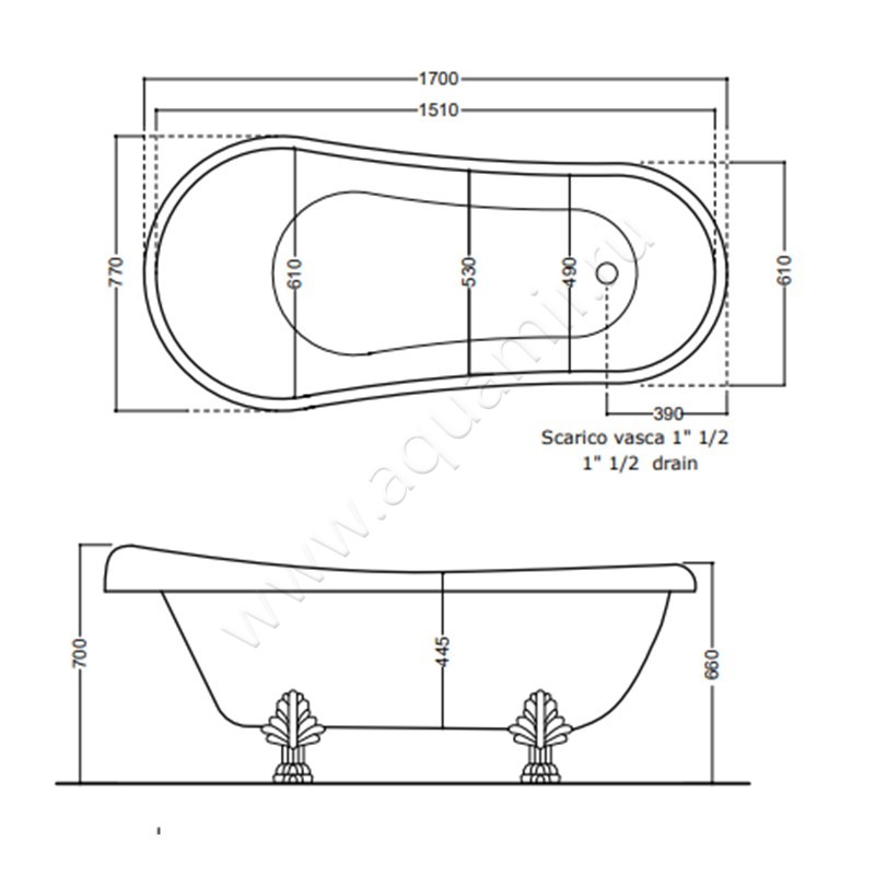 Ванна из литьевого мрамора Kerasan Retro 1055 01 размеры