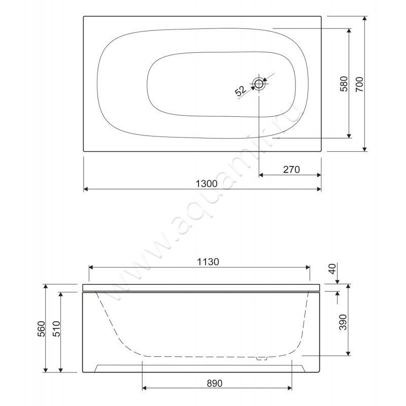 Ванна акриловая Cezares Eco ECO-130-70-40-W37 размеры