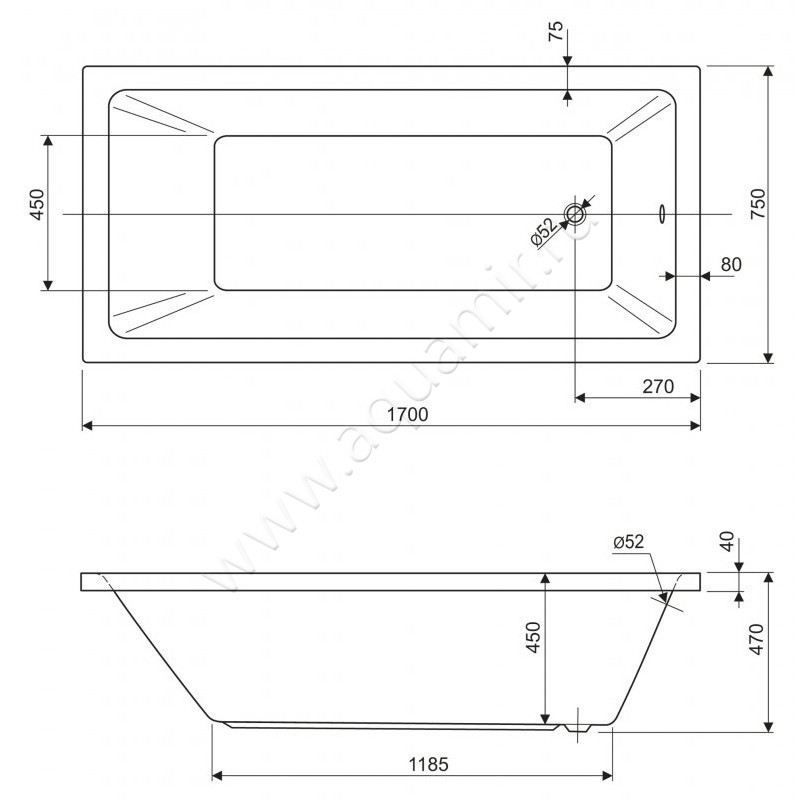 Ванна акриловая Cezares Plane SOLO PLANE SOLO-170-75-45-W37 размеры