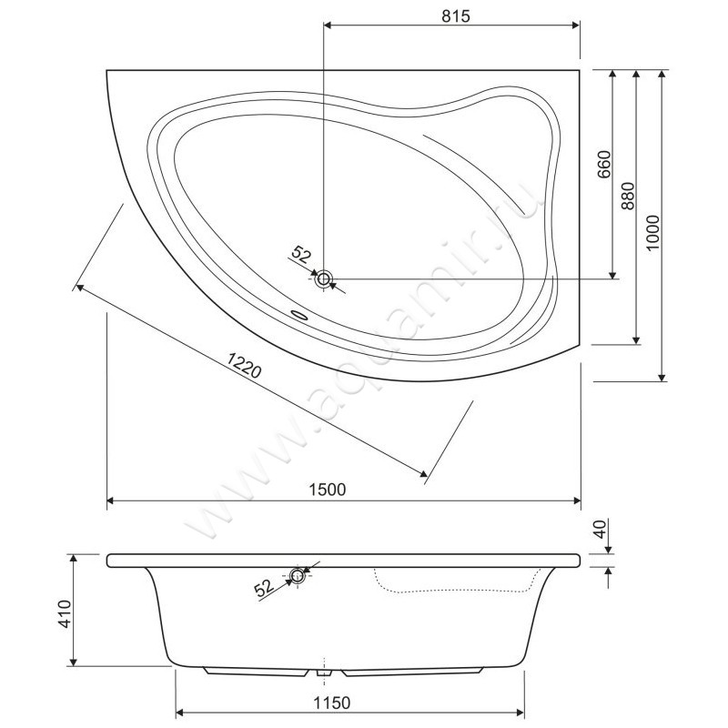 Ванна акриловая Cezares Tebe TEBE-150-100-41-R размеры