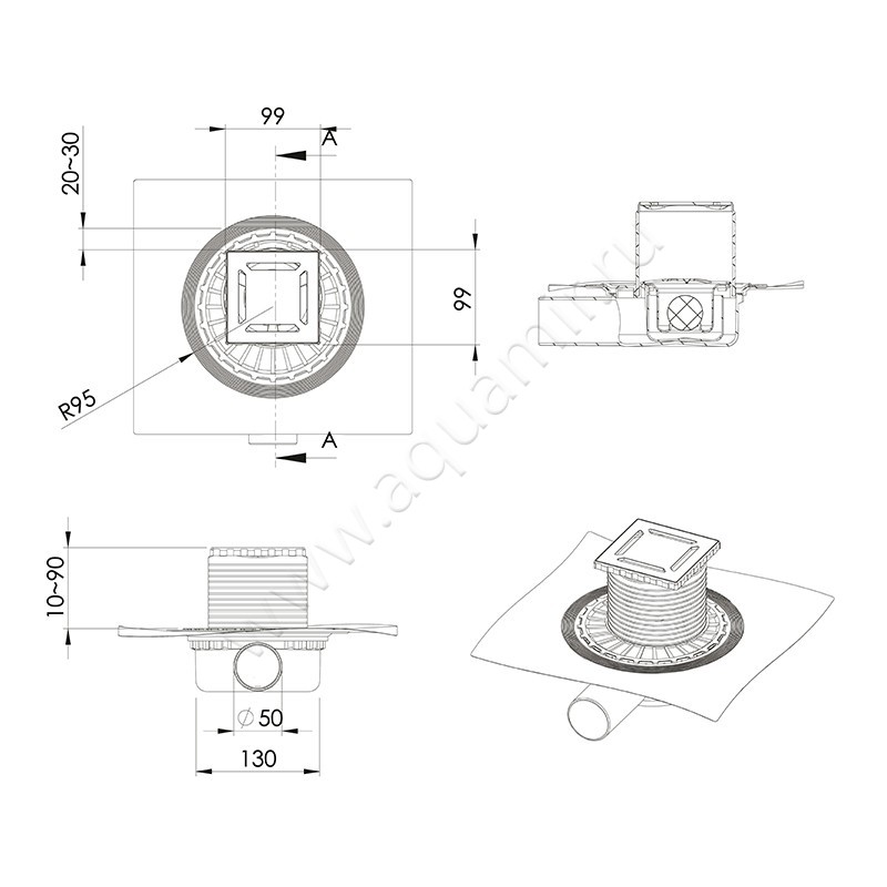 Душевой трап Berges Wasserhaus Zentrum Norma 09 03 62 размеры
