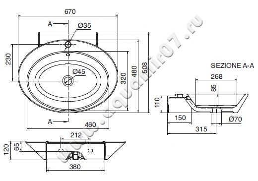 Раковина-чаша накладная с отверстием под смеситель Scarabeo Wish 2001 размеры