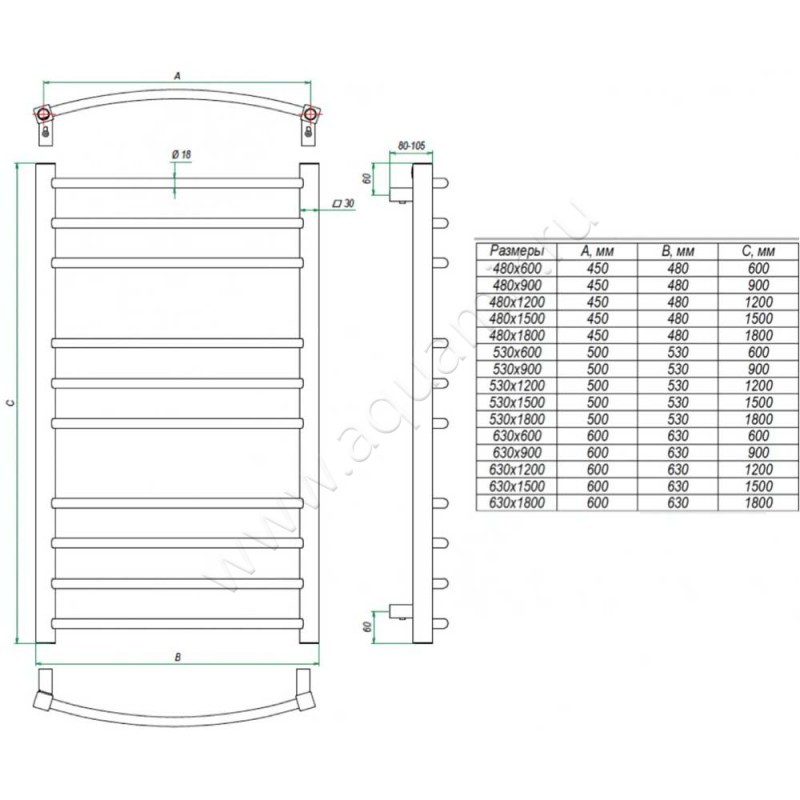Электрический полотенцесушитель Grota CALMA CALMA-EL4801500-CR размеры