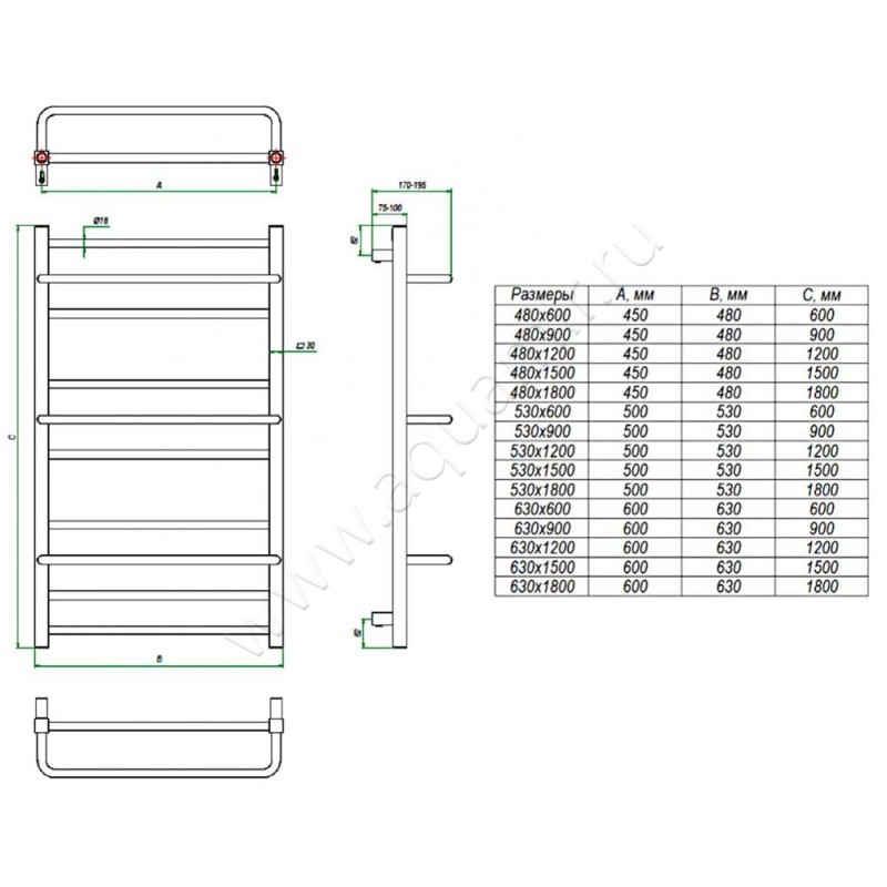 Полотенцесушитель водяной Grota Vista VISTA-W530600-CR размеры