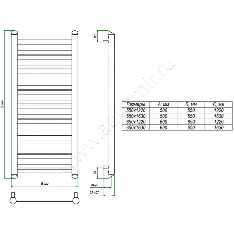 Полотенцесушитель водяной Grota Grande GRANDE-W5501640-CR размеры
