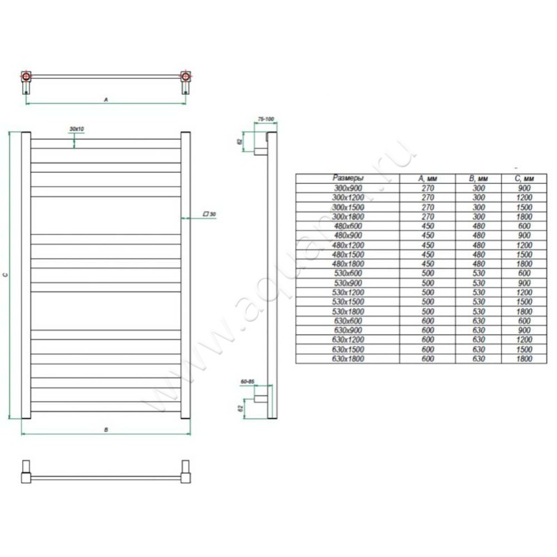 Электрический полотенцесушитель Grota VENTO VENTO-EL630900-CRM размеры