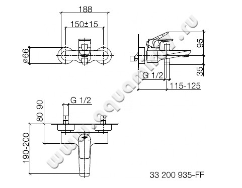 Однорычажный смеситель для ванны/душа Villeroy & Boch Subway 3320093500 размеры