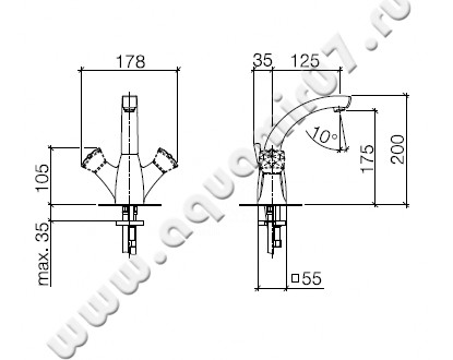 Смеситель для раковины Villeroy & Boch Square exclusive 22 510 911-00 размеры