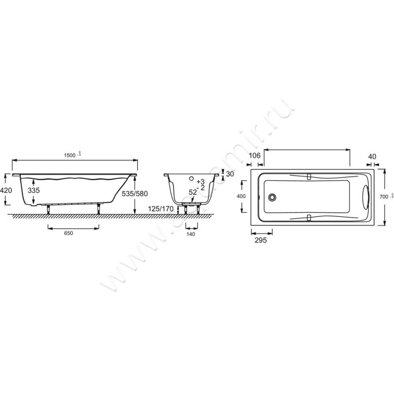 Ванна акриловая Jacob Delafon Odeon Up E6060RU-00 размеры