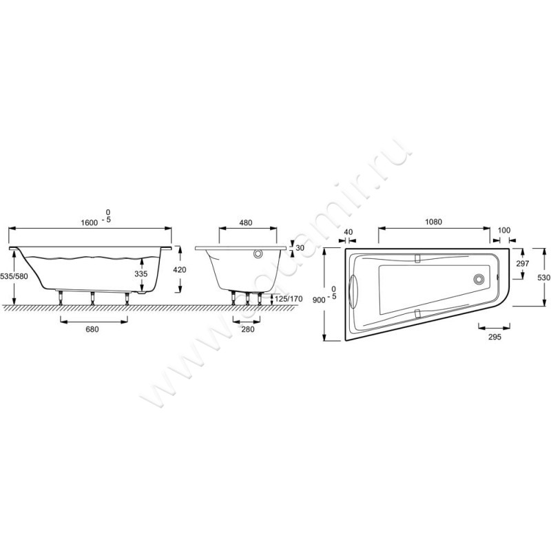 Акриловая ванна Jacob Delafon Odeon Up E6065RU-00 размеры