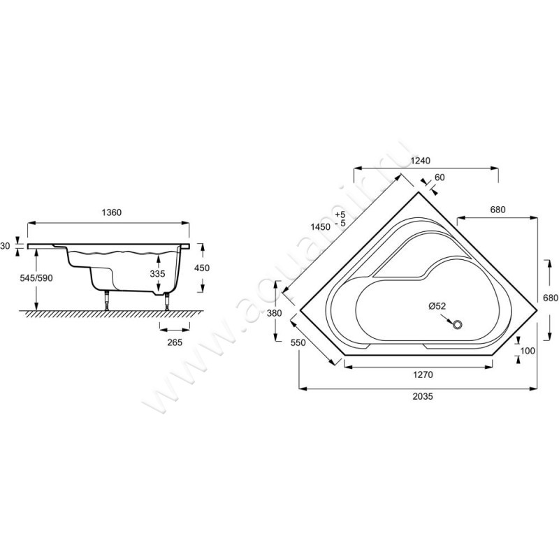 Ванна акриловая Jacob Delafon Bain-Douche E6221RU-00 размеры