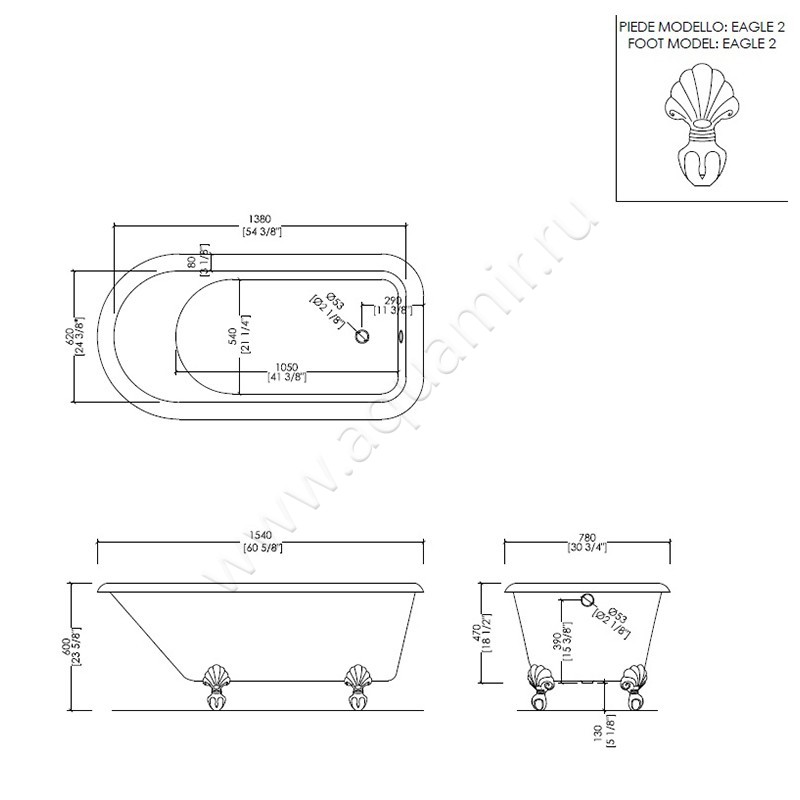 Чугунная ванна Devon & Devon Kensington 154 2MRKEN154ALDD размеры