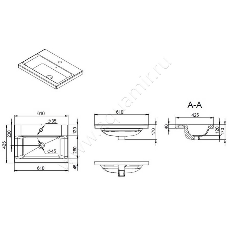 Раковина мебельная накладная AM.PM Gem M90WCC0602WG размеры