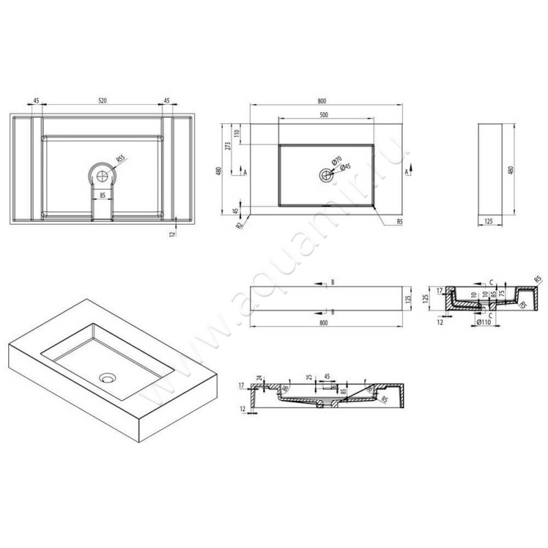 Раковина мебельная накладная без отверстий Aquanet Bliss Cube 198941 размеры