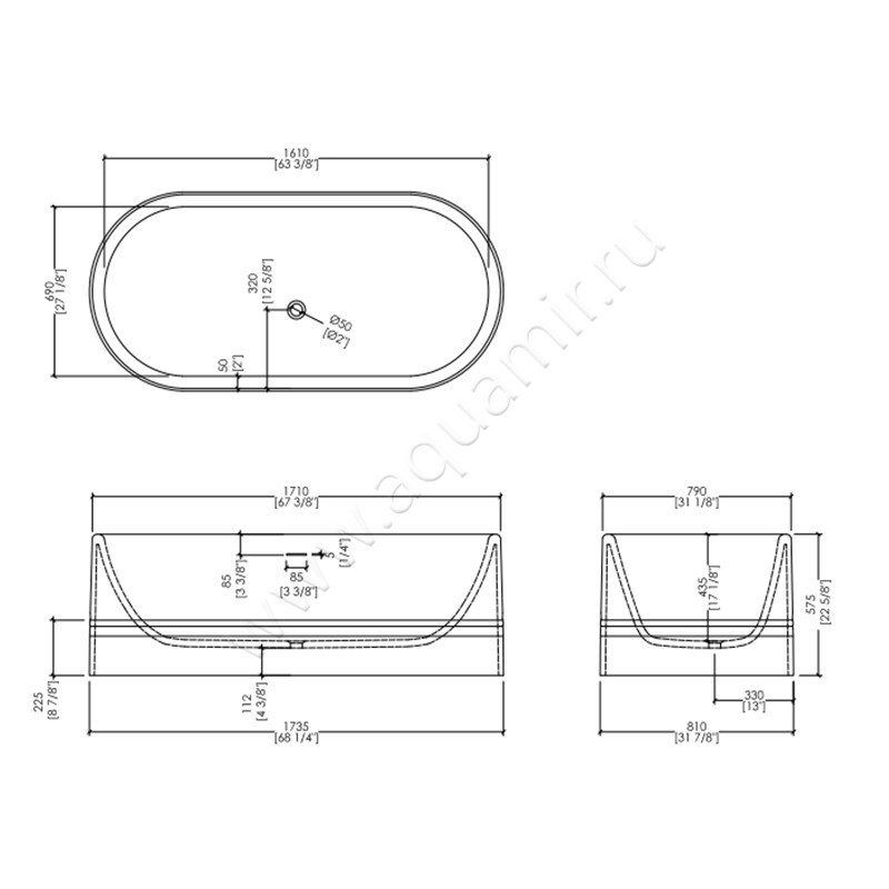 Ванна из литьевого мрамора Devon & Devon Diva 1NADIVA размеры