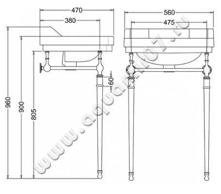 Консоль под раковину Burlington Regal T22A CHR размеры