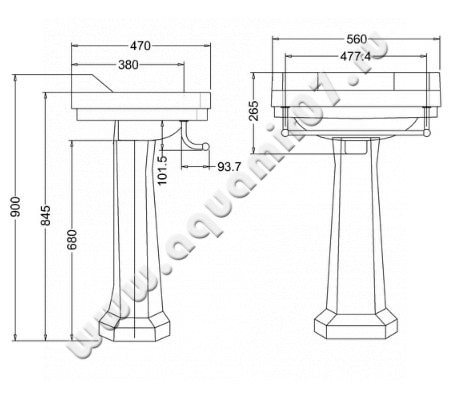 Раковина для пьедестала Burlington Edwardian B4 1TH размеры