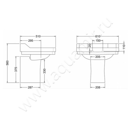 Полупьедестал для раковины Burlington Edwardian P8 размеры