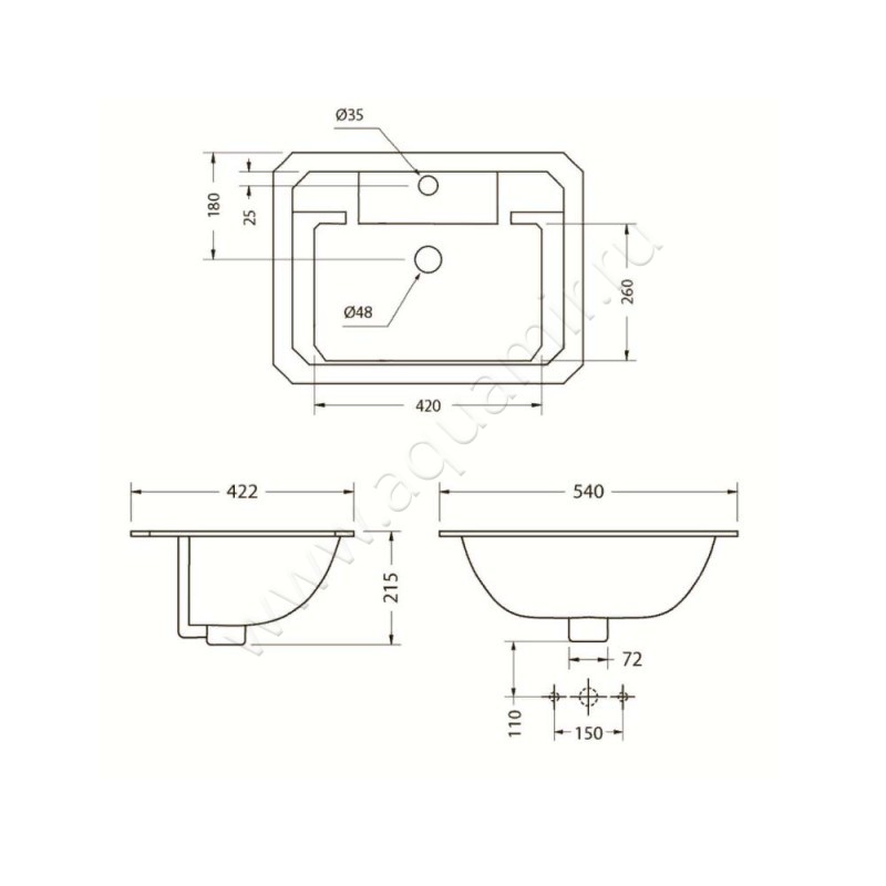 Раковина встраиваемая сверху на столешницу Burlington Classic B13 1TH размеры