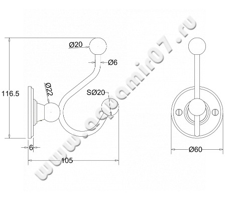 Крючок Burlington Accessories A4 CHR размеры