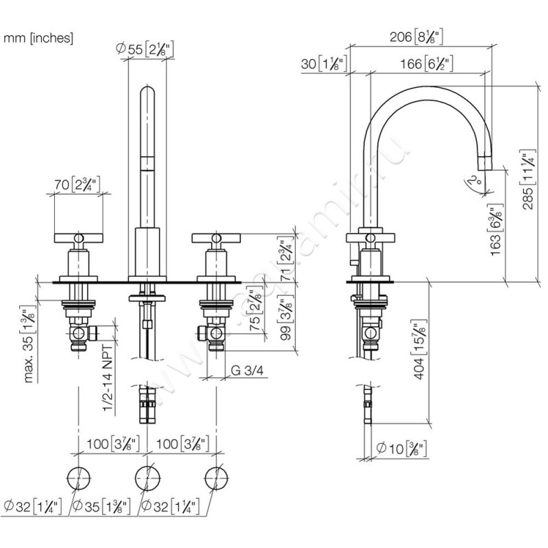Смеситель для раковины Dornbracht TARA 20713892-00 размеры