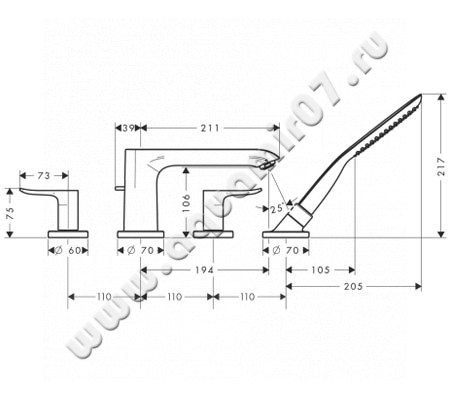Смеситель для ванны Hansgrohe Metris 31442000 размеры