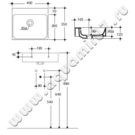 Рукомойник подвесной Kerasan Cento 3539 01 размеры