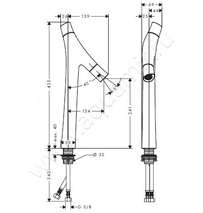 Смеситель для раковины Hansgrohe Axor Starck Organic 12013000 размеры