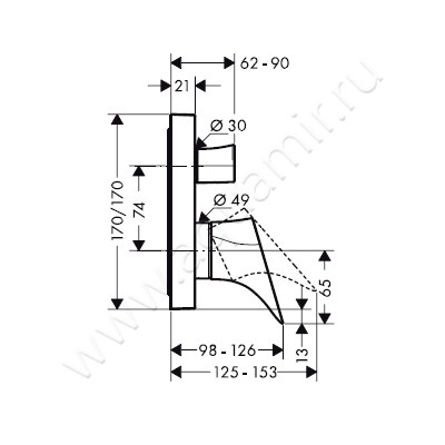 Однорычажный смеситель для ванны/душа Hansgrohe Axor Starck Organic 12415000 размеры