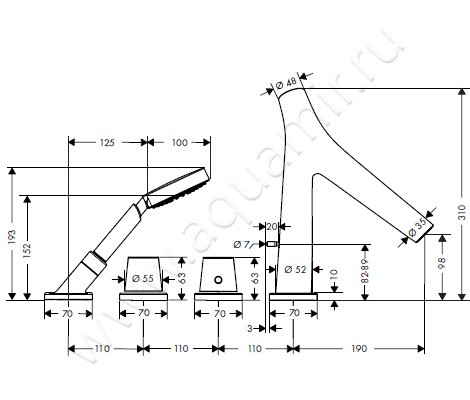 Термостатический смеситель для ванны Hansgrohe Axor Starck Organic 12425000 размеры